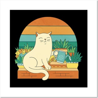 Cute cat watering plants Posters and Art